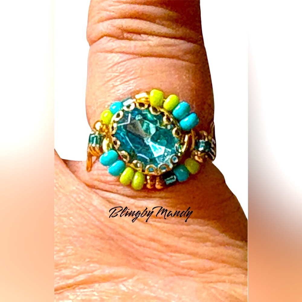 Gold and Blue Beaded Ring